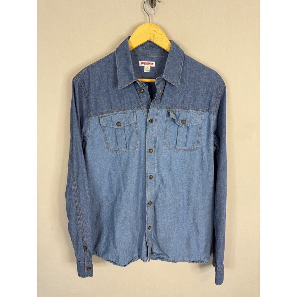 True Religion Mens Two Tone Denim Utility Shirt Blue Colorblock Button Down M